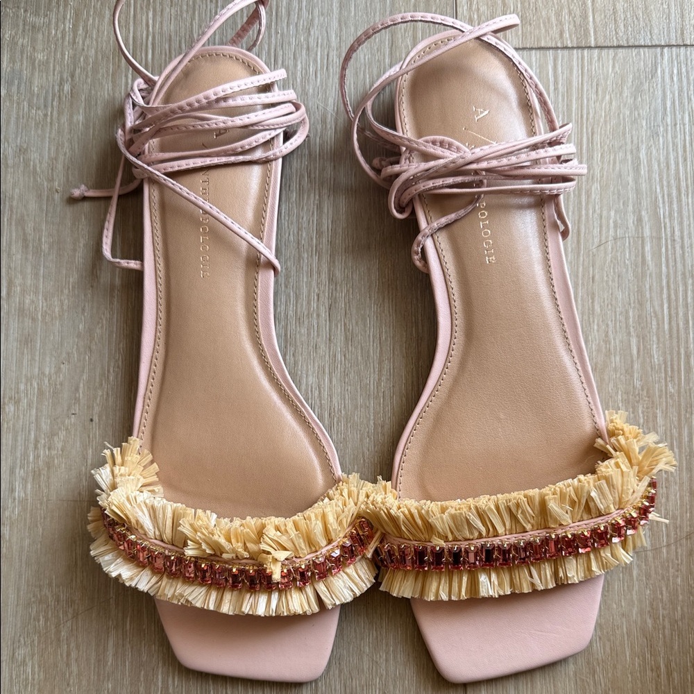 Anthropologie Pink & Raffia lace up  Sandals